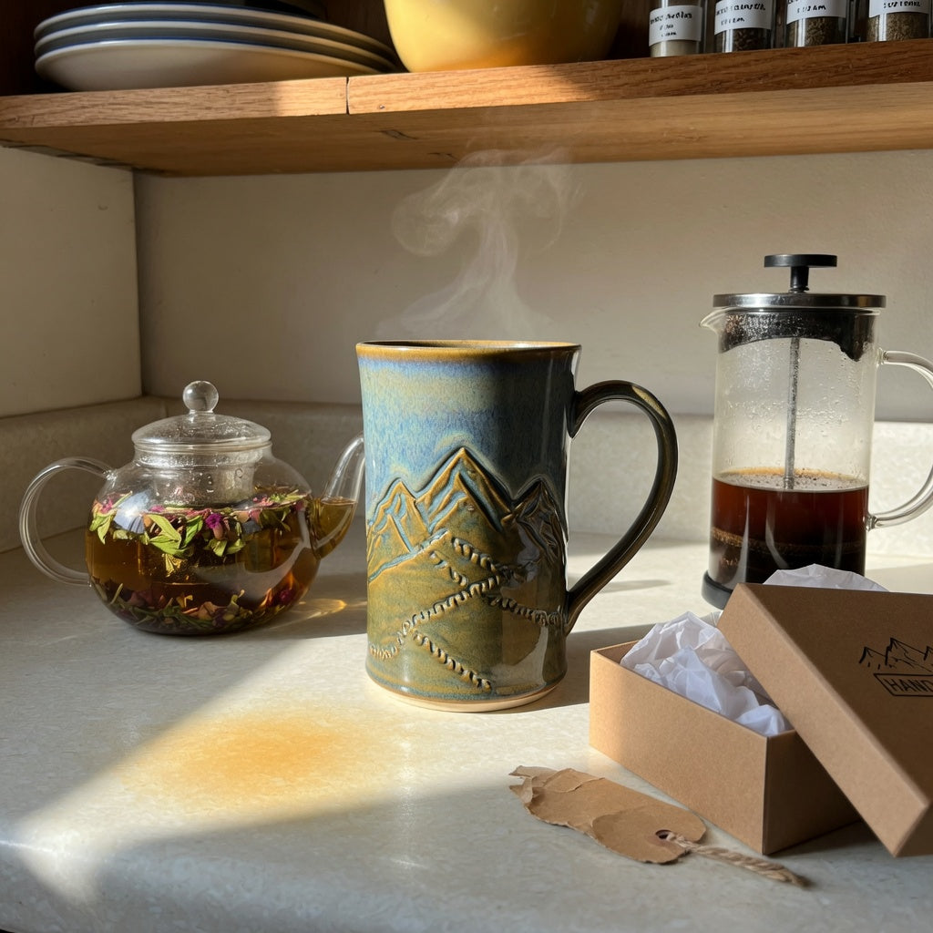 Mountain tea mug gift for coffee lovers — tall mountain-design ceramic mug with steam on a kitchen counter beside tea and coffee