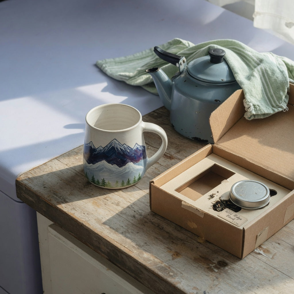 Mountain tea mug gift on a kitchen counter beside a kettle and loose leaf tea