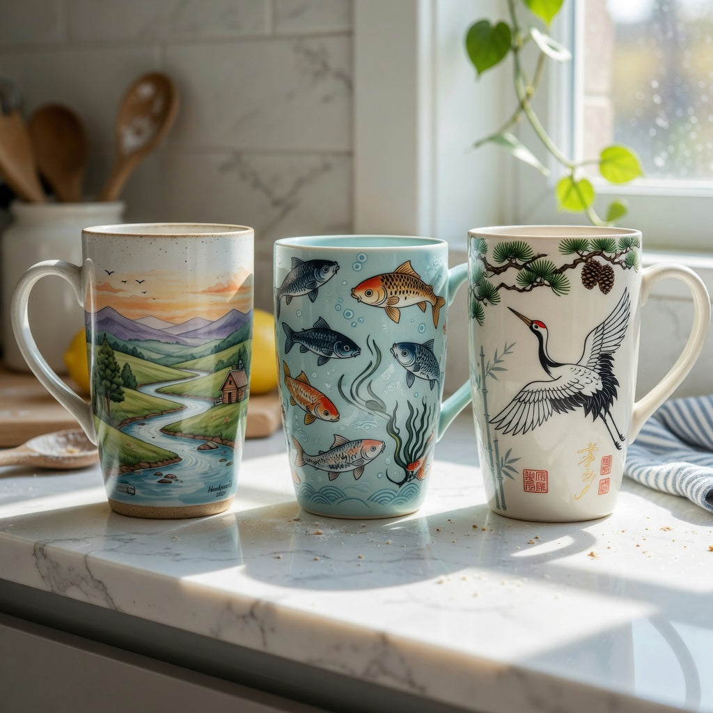mug art gifts featuring artistic coffee mug designs on display with mountain sea, koi fish, and crane motifs