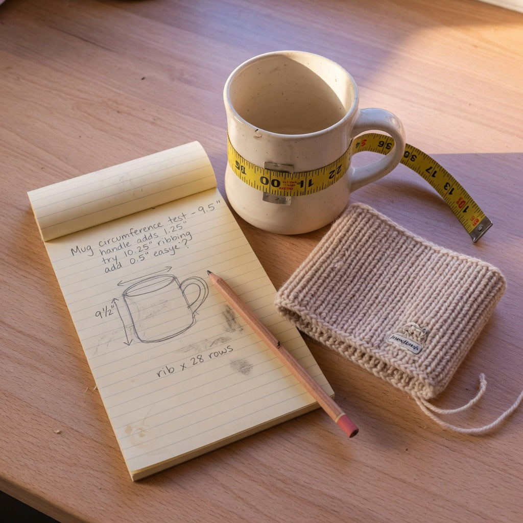 Mug cozy size guide in action: a flexible tape measure wrapped around the widest point of a ceramic coffee mug beside a hand-knit cozy band