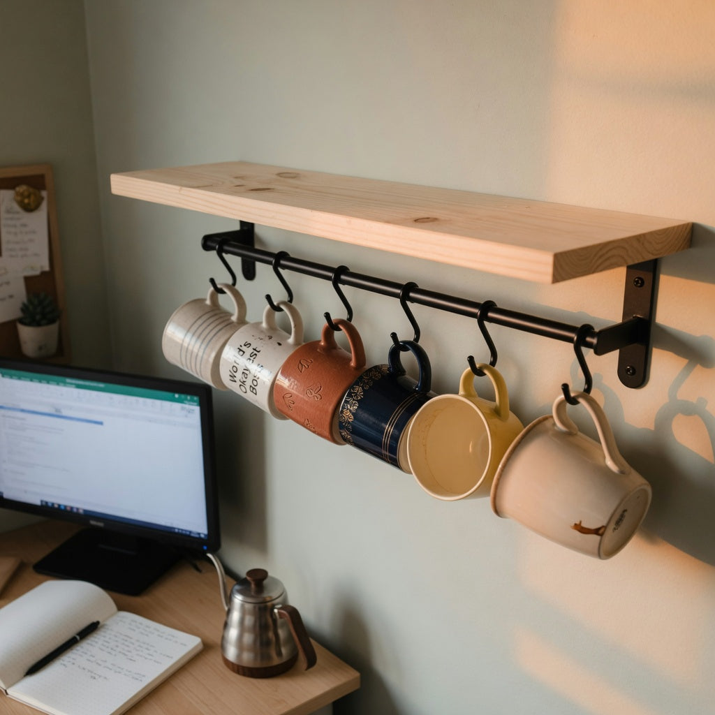 Wall-mounted mug shelf for home office holding everyday and tall ceramic mugs beside a desk monitor