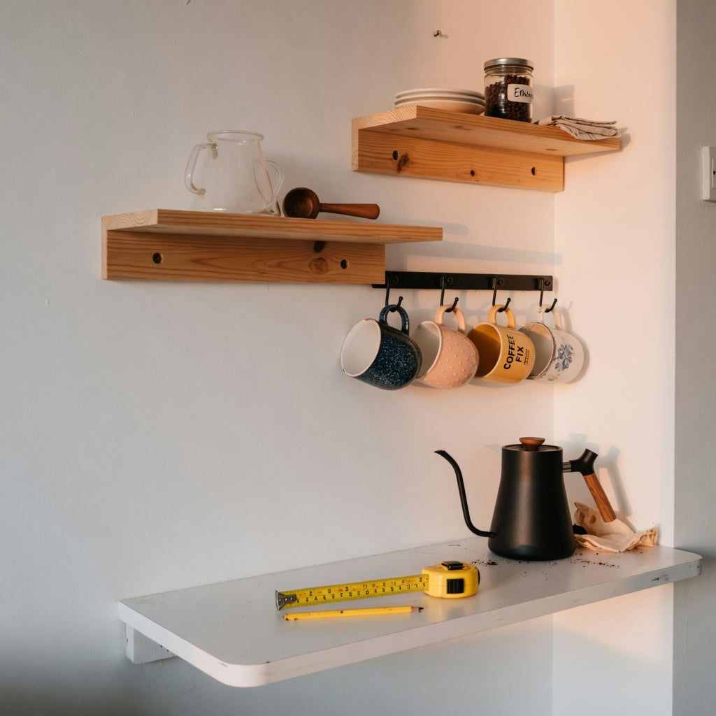 Wooden floating shelves and a hooked rail holding ceramic mugs above a compact coffee counter — mug shelf ideas for small kitchen walls