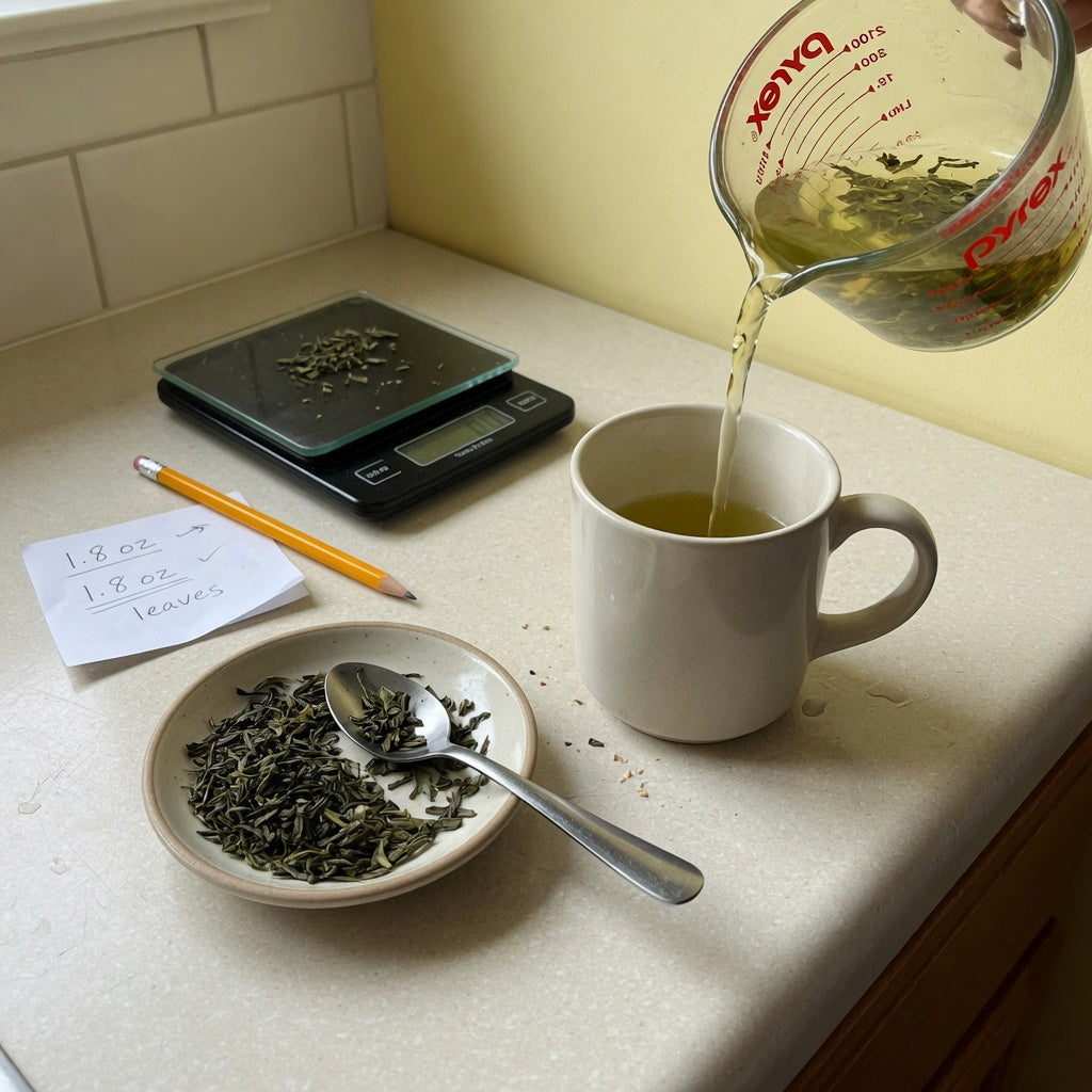 Measuring a real pour to compare mug size for green tea beside loose leaves and a kitchen scale