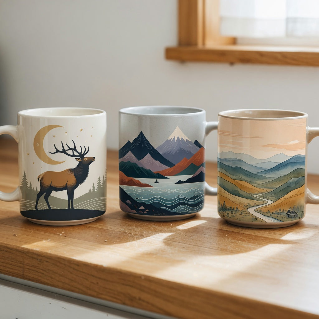 Nature tea cup comparison with Elk and Moon, Mountain Sea, and Landscape motif concepts on a kitchen counter