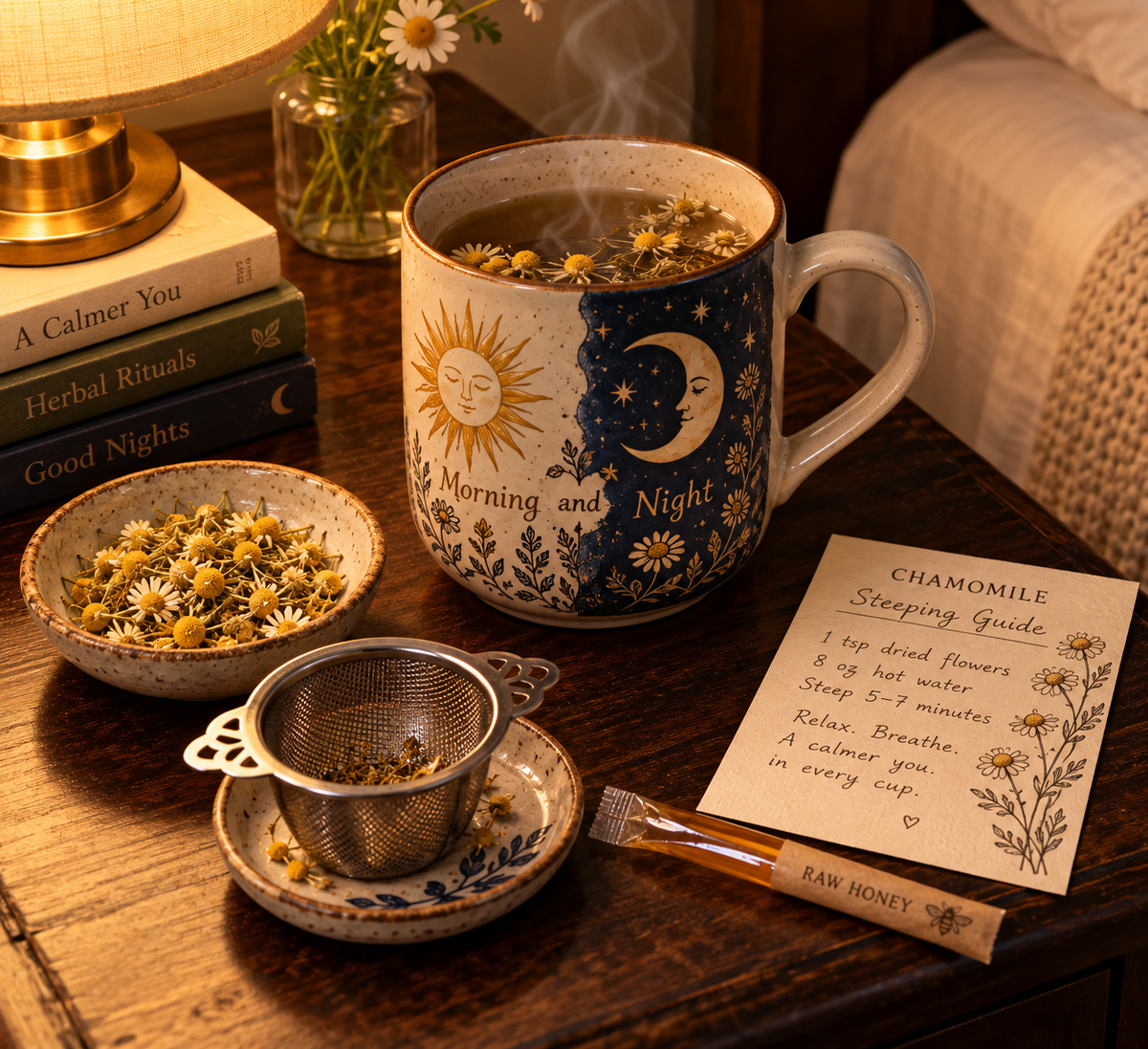 Large ceramic Morning and Night mug styled with chamomile, a basket infuser, and a steeping card on a bedside table — one of our night tea mug gift ideas