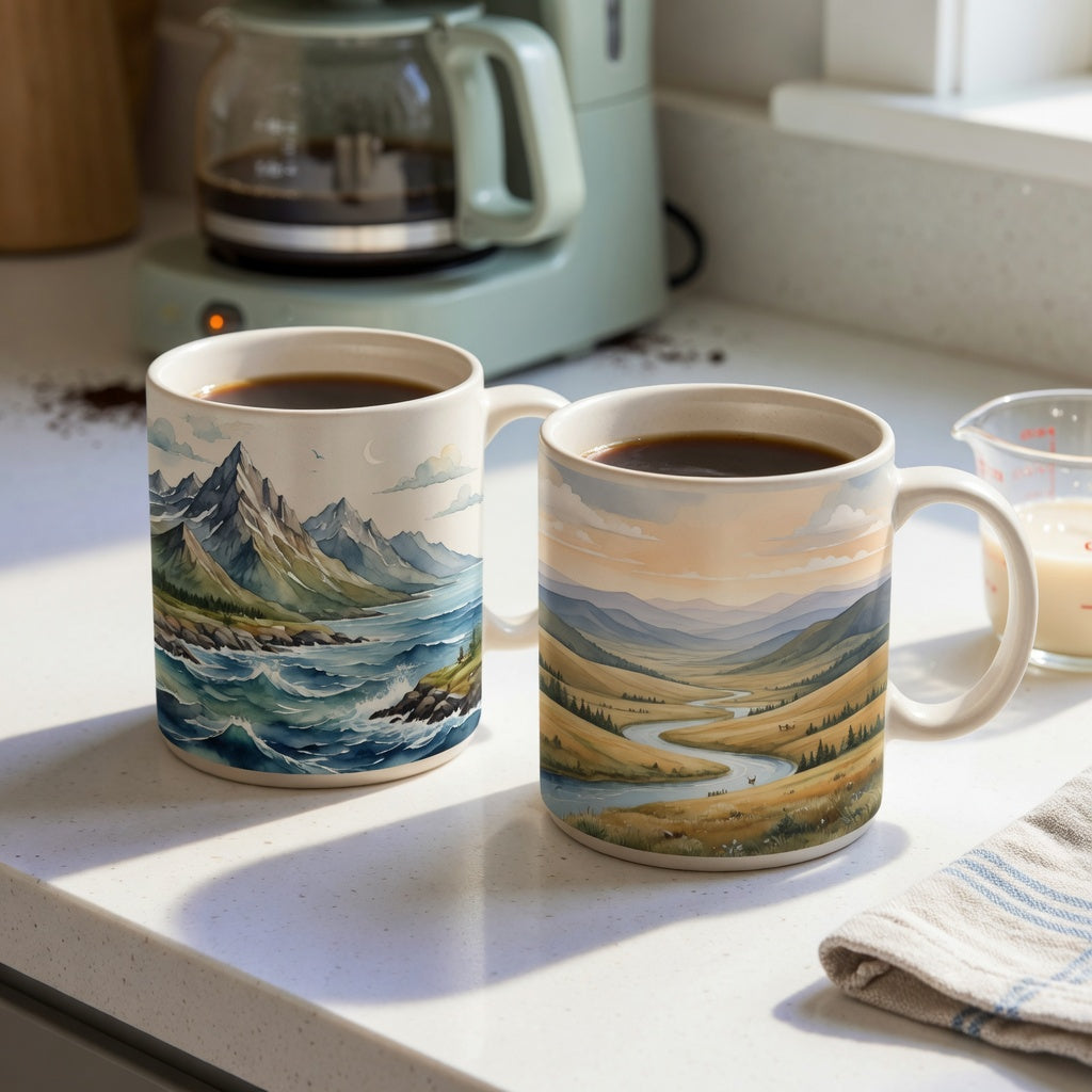 Ocean coffee mug comparison showing mountain-sea and landscape styles on a bright kitchen counter