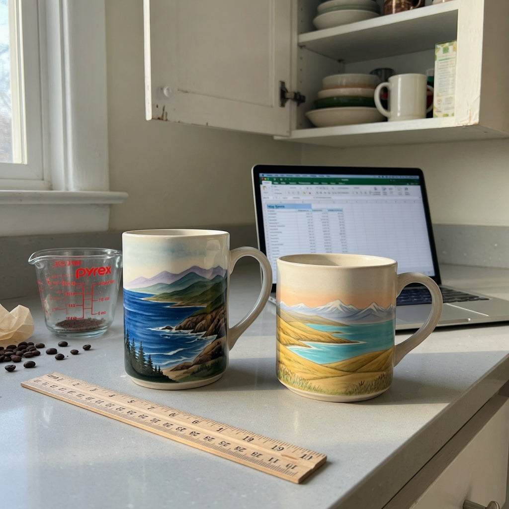 Ocean coffee mug buying priorities compared using two ceramic nature-scene mugs, a measuring cup, and a desk ruler