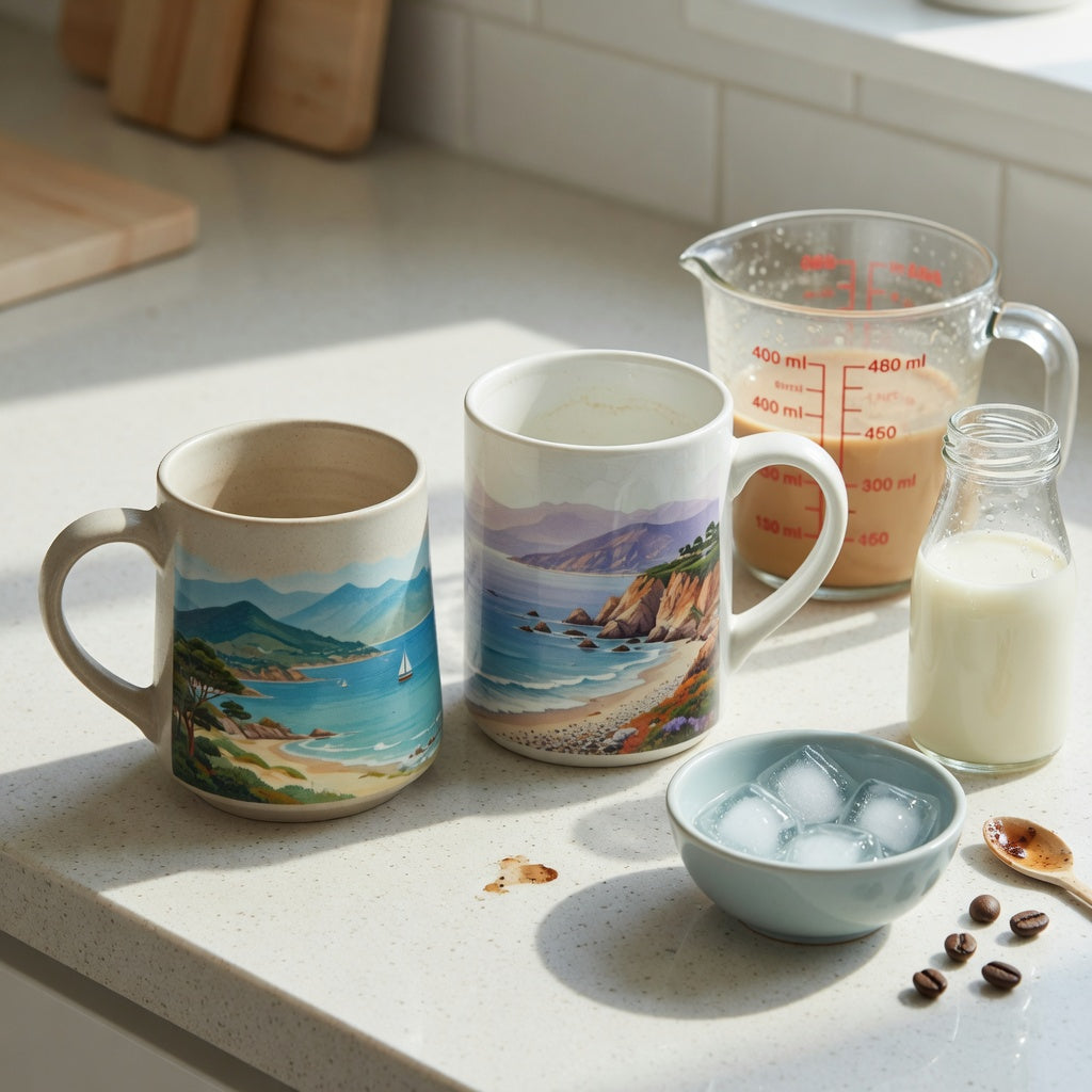 Ocean coffee mug capacity guide comparing a 400 ml mountain-sea ceramic mug and a 480 ml landscape ceramic mug