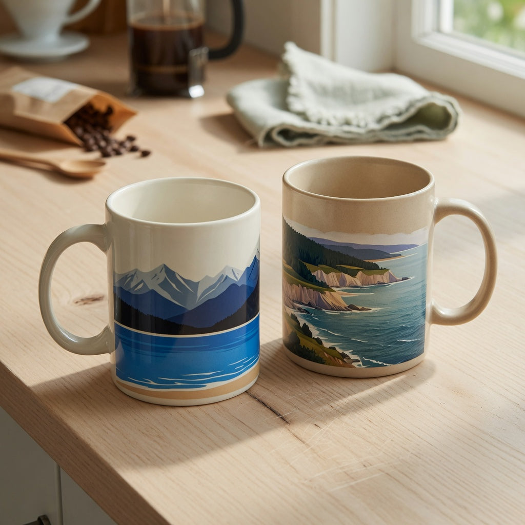 Ocean coffee mug comparison showing Mountain Sea and Landscape ceramic mugs side by side