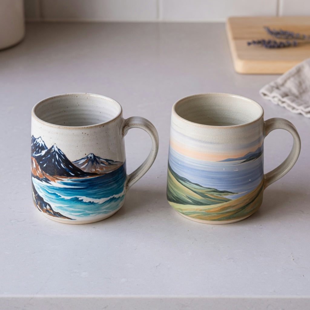 Ocean coffee mug current product facts comparison of 400 ml mountain-sea and 480 ml landscape ceramic mugs