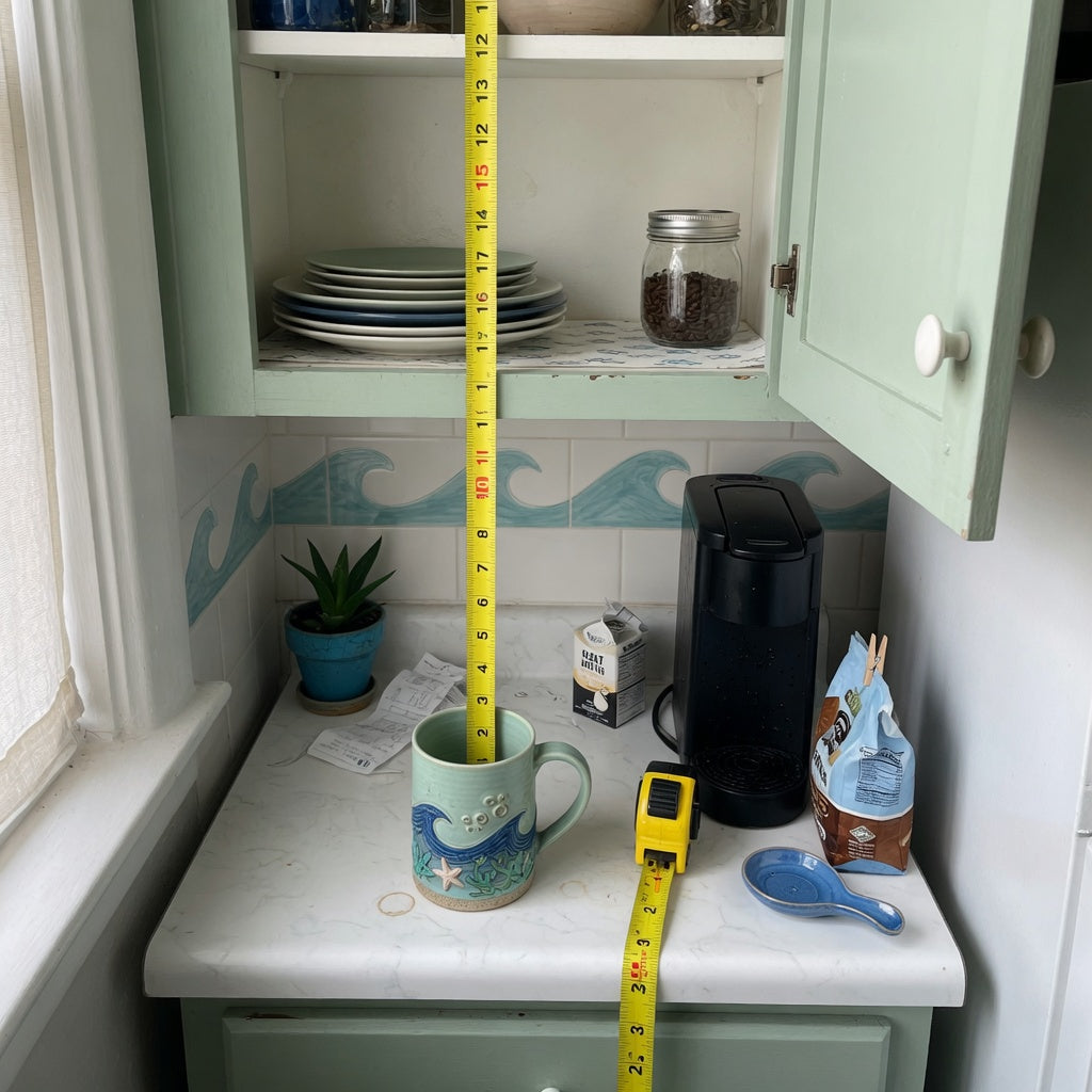 ocean coffee mug compact kitchen practical purchase checklist setup with a ceramic nature mug, tape measure, narrow counter, and open cabinet