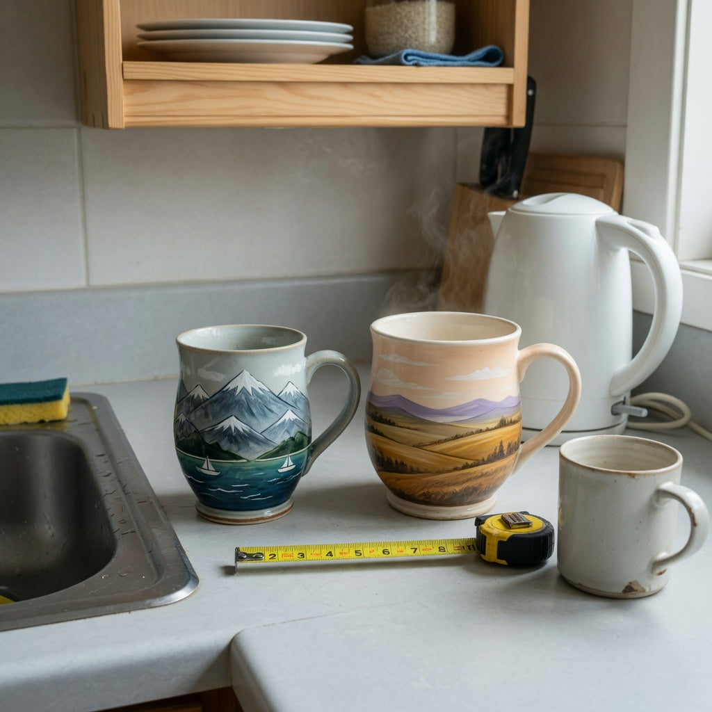 A narrow galley counter used for an ocean coffee mug compact kitchen product shortlist guide, with mountain-sea and landscape ceramic mugs