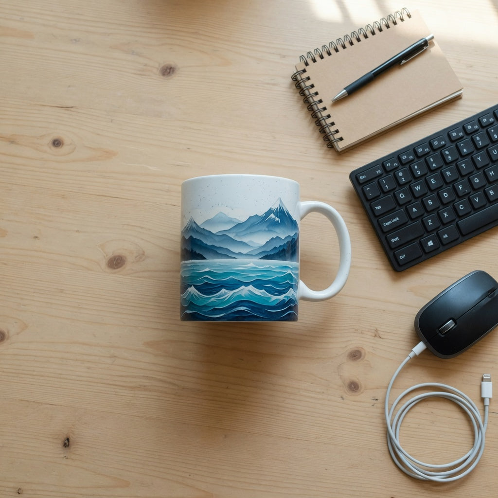 An ocean coffee mug for desk use beside a keyboard, showing its ceramic body, scenic print, base footprint, and handle clearance
