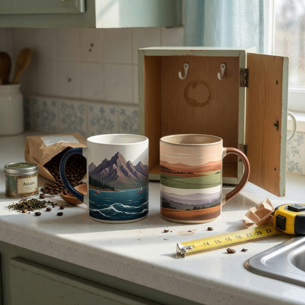 Ocean coffee mug everyday mug rotation practical purchase checklist with mountain-sea and landscape mugs beside an open kitchen cabinet