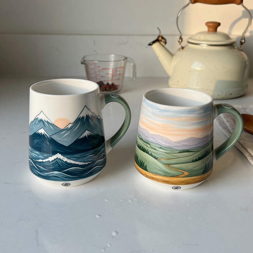 Ocean coffee mug first time buyer product shortlist guide comparison of mountain-sea and landscape ceramic mugs on a kitchen counter