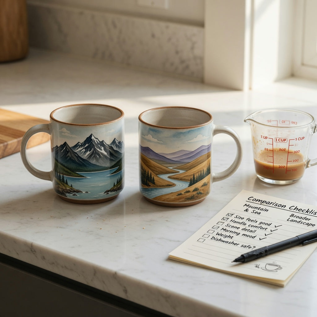 ocean coffee mug gift choice practical purchase checklist with Mountain Sea and Landscape mugs beside a measured coffee serving