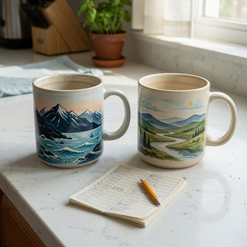 Side-by-side ocean coffee mug gift choice product shortlist guide with two ceramic nature-scene mugs on a kitchen counter