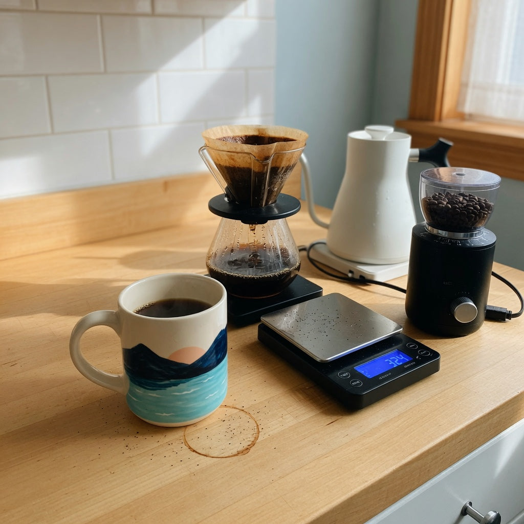 ocean coffee mug home coffee station practical purchase checklist with a mountain-and-sea mug beside a dripper, scale, and grinder
