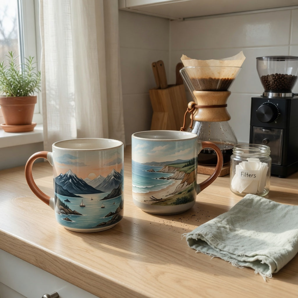 Ocean coffee mug home coffee station product shortlist guide showing two scenic ceramic mugs beside a pour-over setup