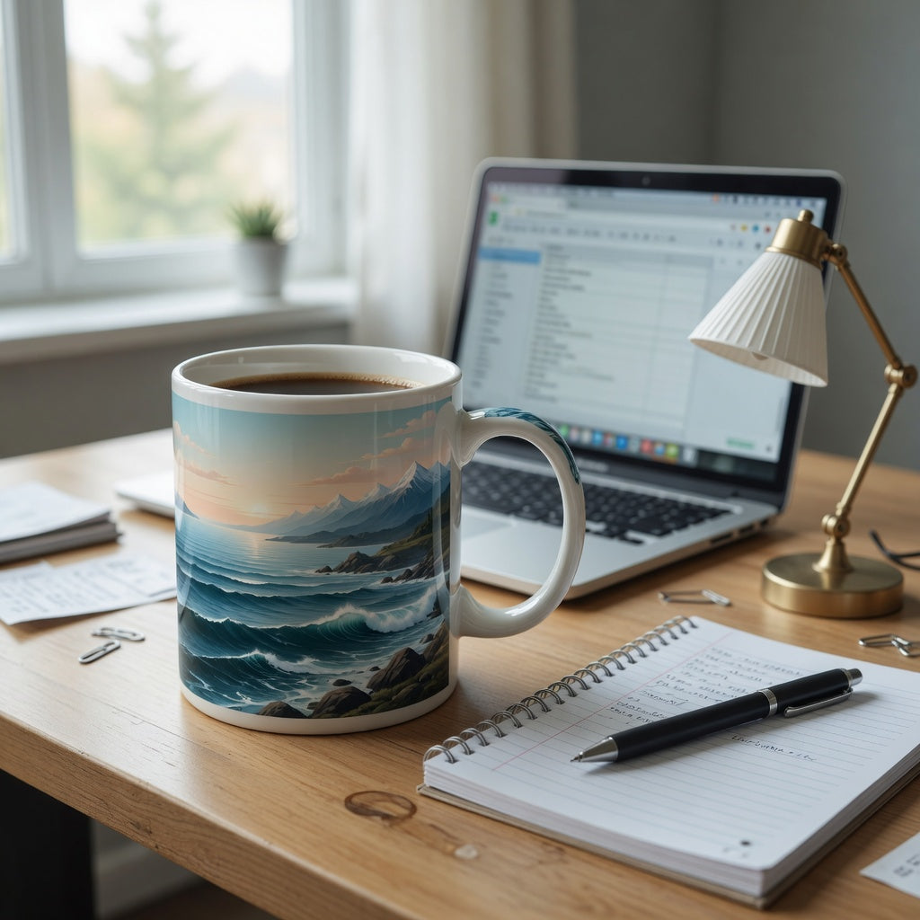 Ocean coffee mug home office product shortlist guide with a ceramic nature mug beside a laptop and notebook