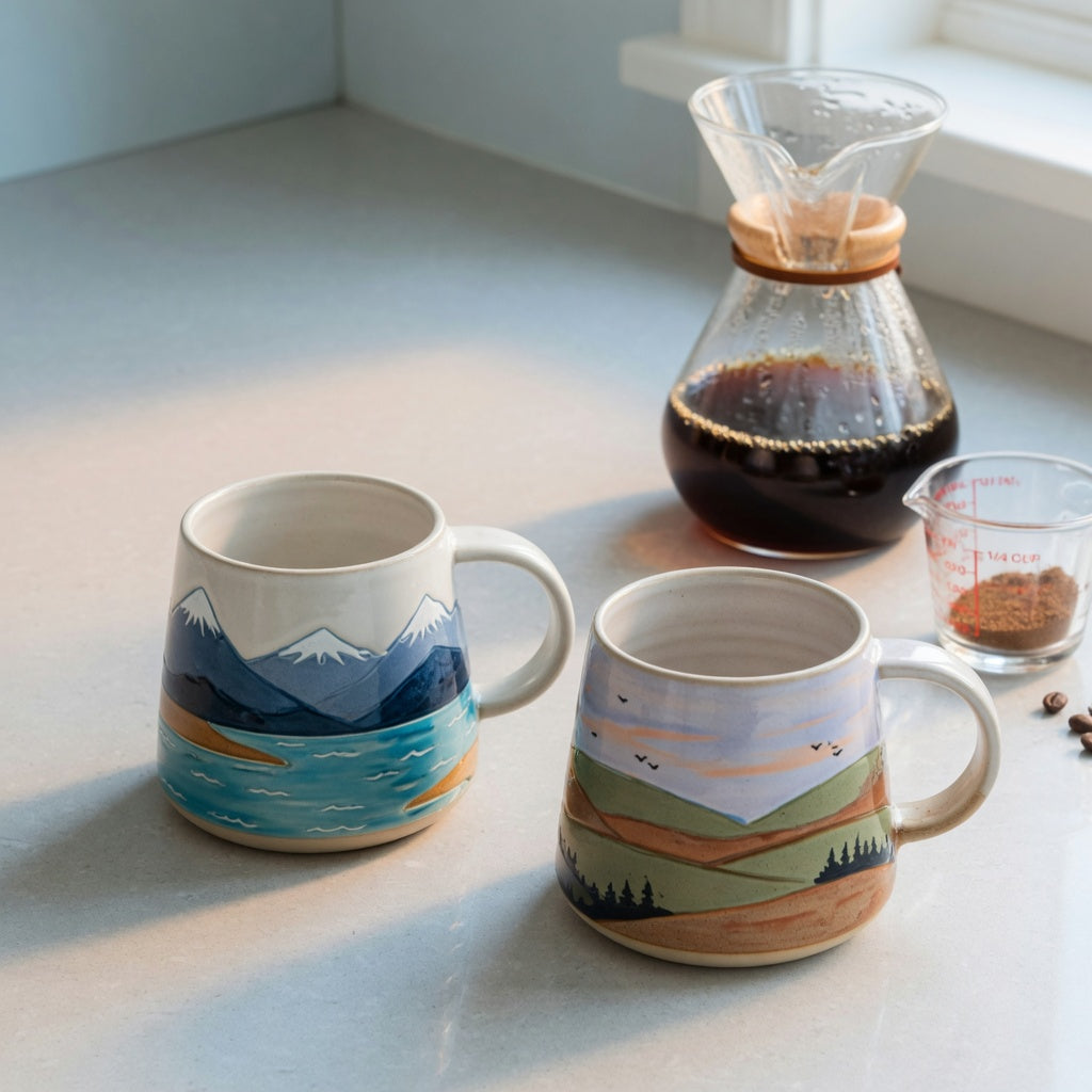 Ocean coffee mug morning routine product shortlist guide showing mountain-sea and landscape ceramic mugs on a morning counter