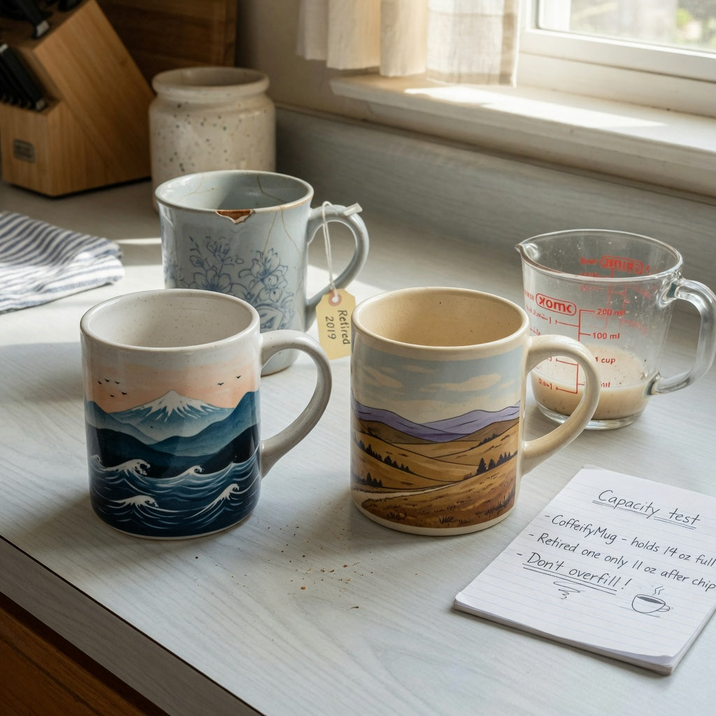 ocean coffee mug replacement purchase product shortlist guide showing Mountain Sea and Landscape ceramic mugs beside a measured retired mug