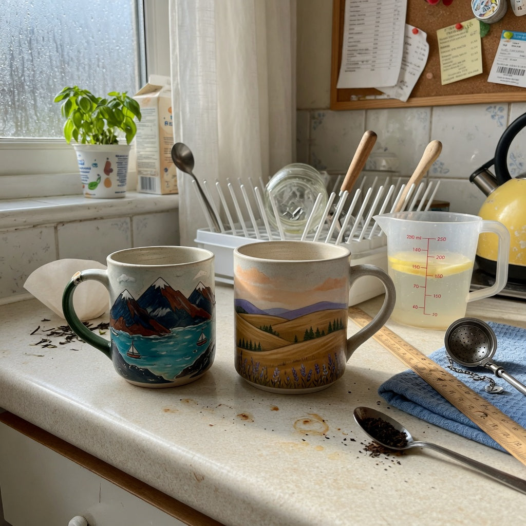 Ocean coffee mug shared household practical purchase checklist with two nature-inspired mugs, a measuring jug, ruler, and drying rack