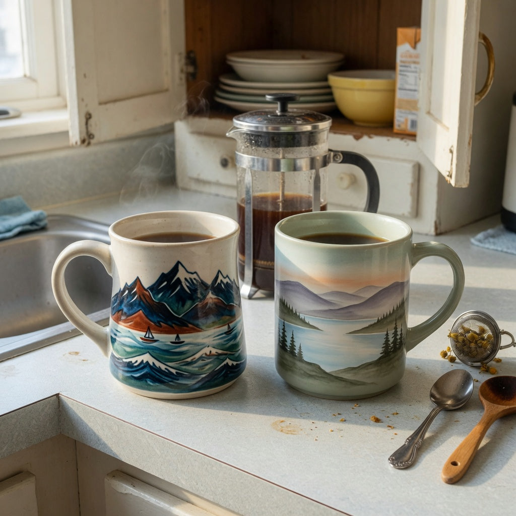 Ocean coffee mug shared household product shortlist guide showing two ceramic nature designs on a shared kitchen counter