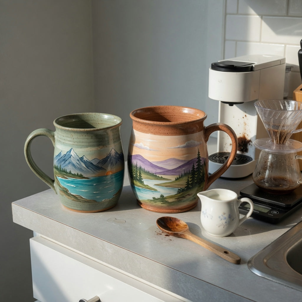 An ocean coffee mug for small coffee setup on a narrow kitchen counter beside a compact brewer and pour-over gear