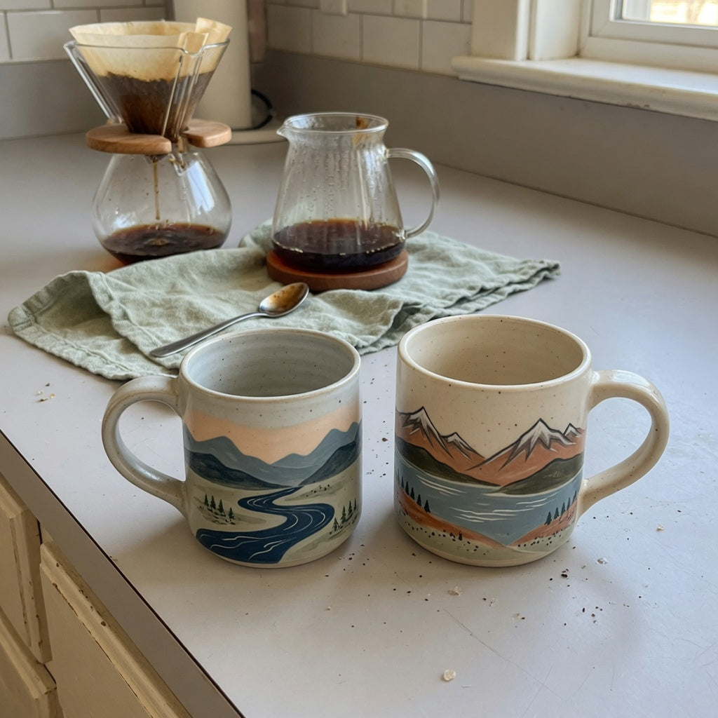 Ceramic mug with mountain-and-sea imagery on a weekend counter for the ocean coffee mug weekend coffee practical purchase checklist
