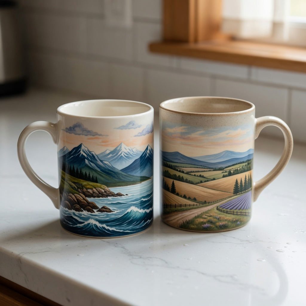 Ocean coffee mug shape and handle guide showing Mountain Sea and Landscape ceramic mugs with C-shaped handles