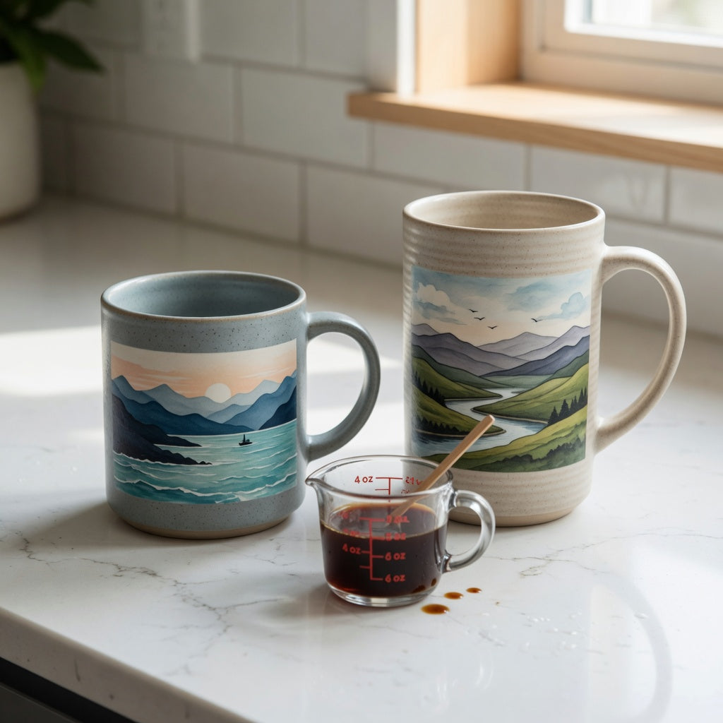 Ocean coffee mug size decision guide comparing 12 oz Mountain Sea and 15 oz Landscape ceramic mugs
