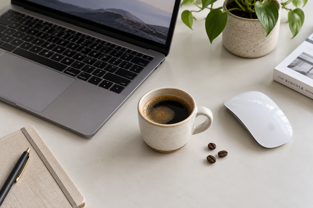 office desk small ceramic coffee cup on a clean modern workspace