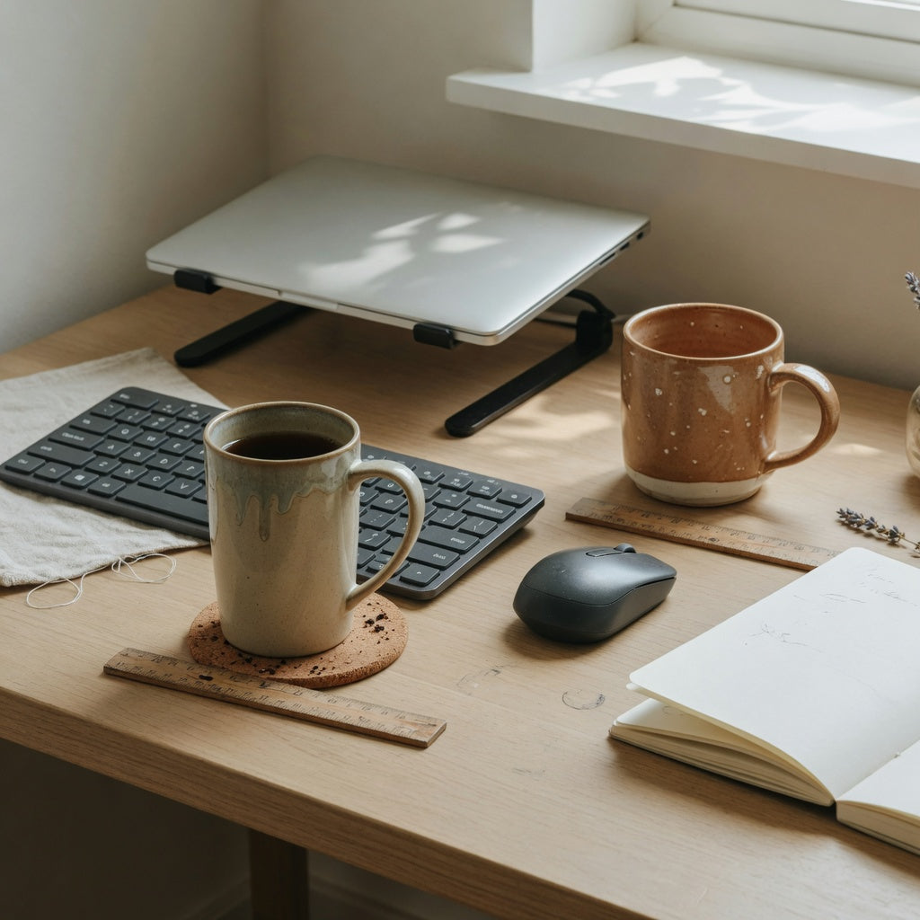 office desk tall ceramic mug on a coaster beside a keyboard and notebook