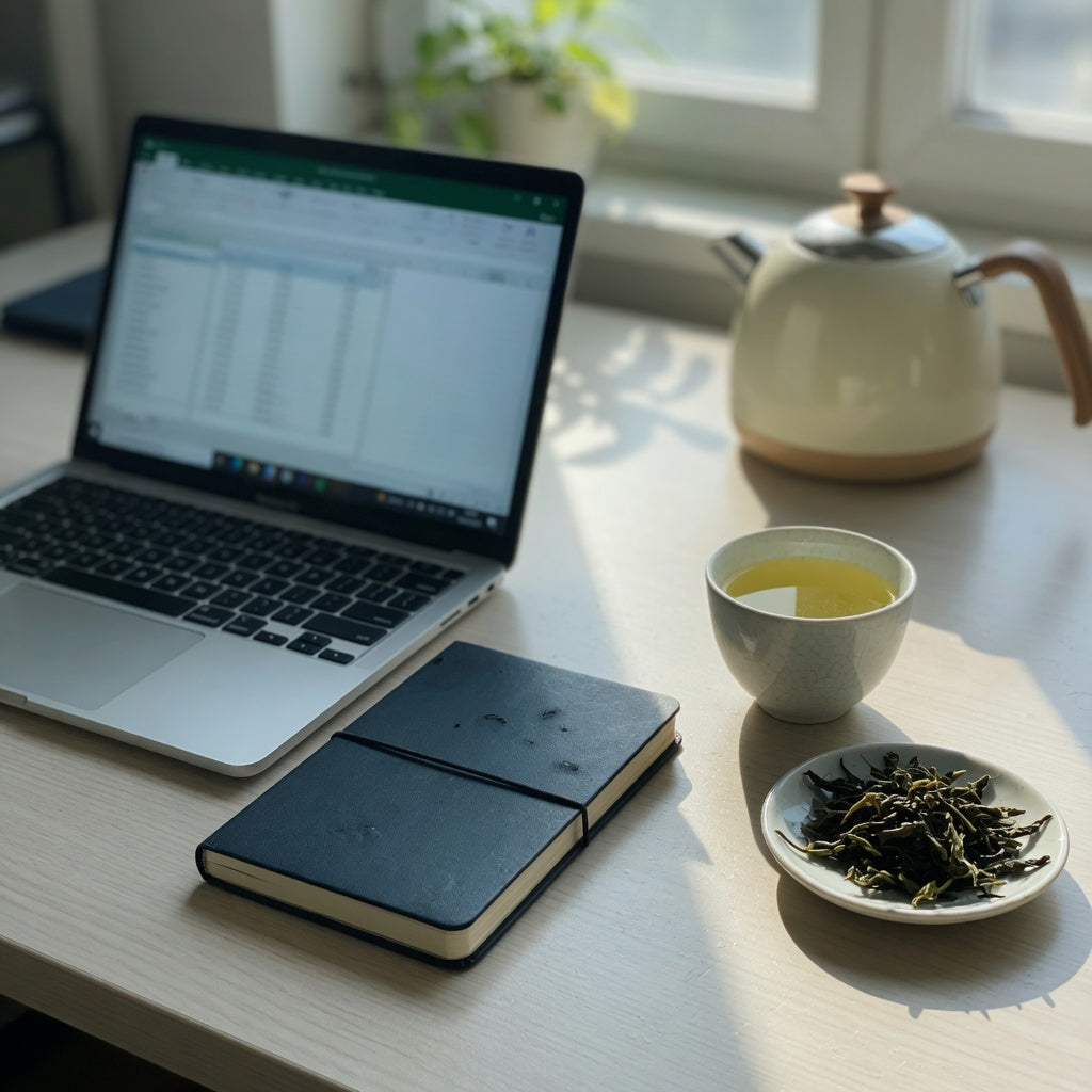 Office mug for green tea on a desk beside a laptop, with spent leaves set aside