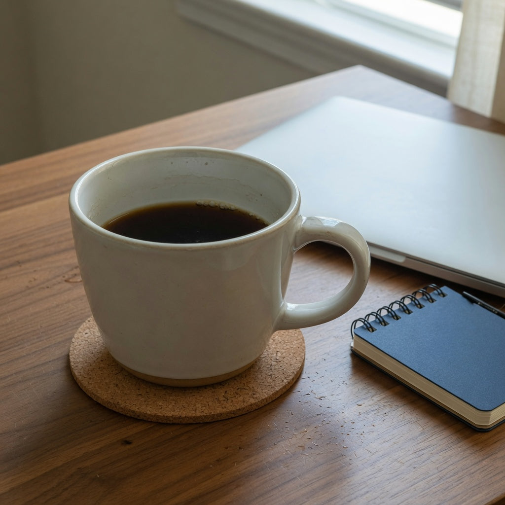 Office oversized ceramic coffee mug with a thick handle on a wood desk beside a laptop