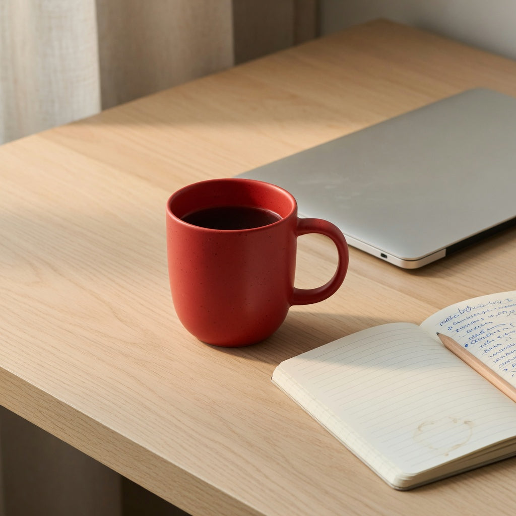Office red ceramic coffee mug on a pale wood desk beside a notebook and a closed laptop