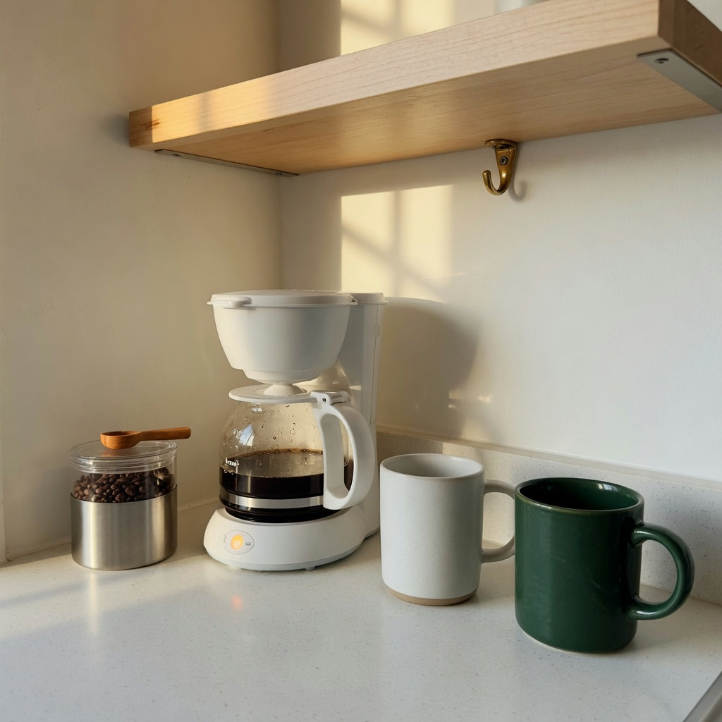 Open shelf coffee corner mugs on a floating shelf above a compact brewer