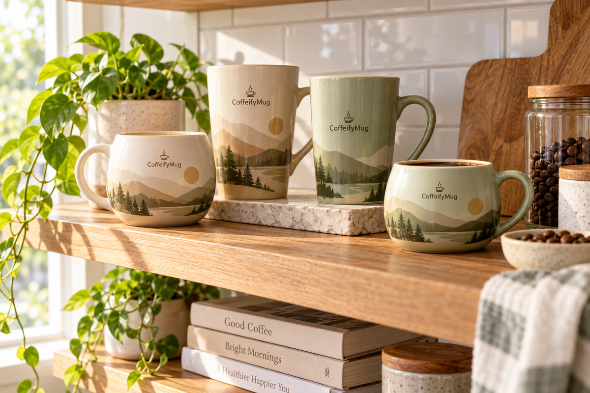 open shelf morning routine ceramic mug ideas displayed in a bright kitchen with coordinated ceramic mugs