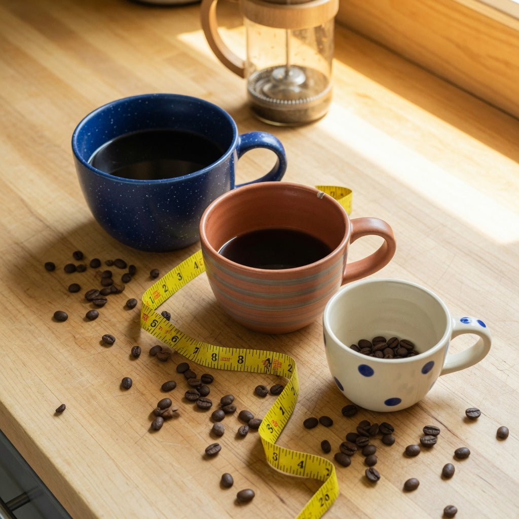 Three oversize coffee mugs in graduated sizes on a kitchen counter beside a tape measure