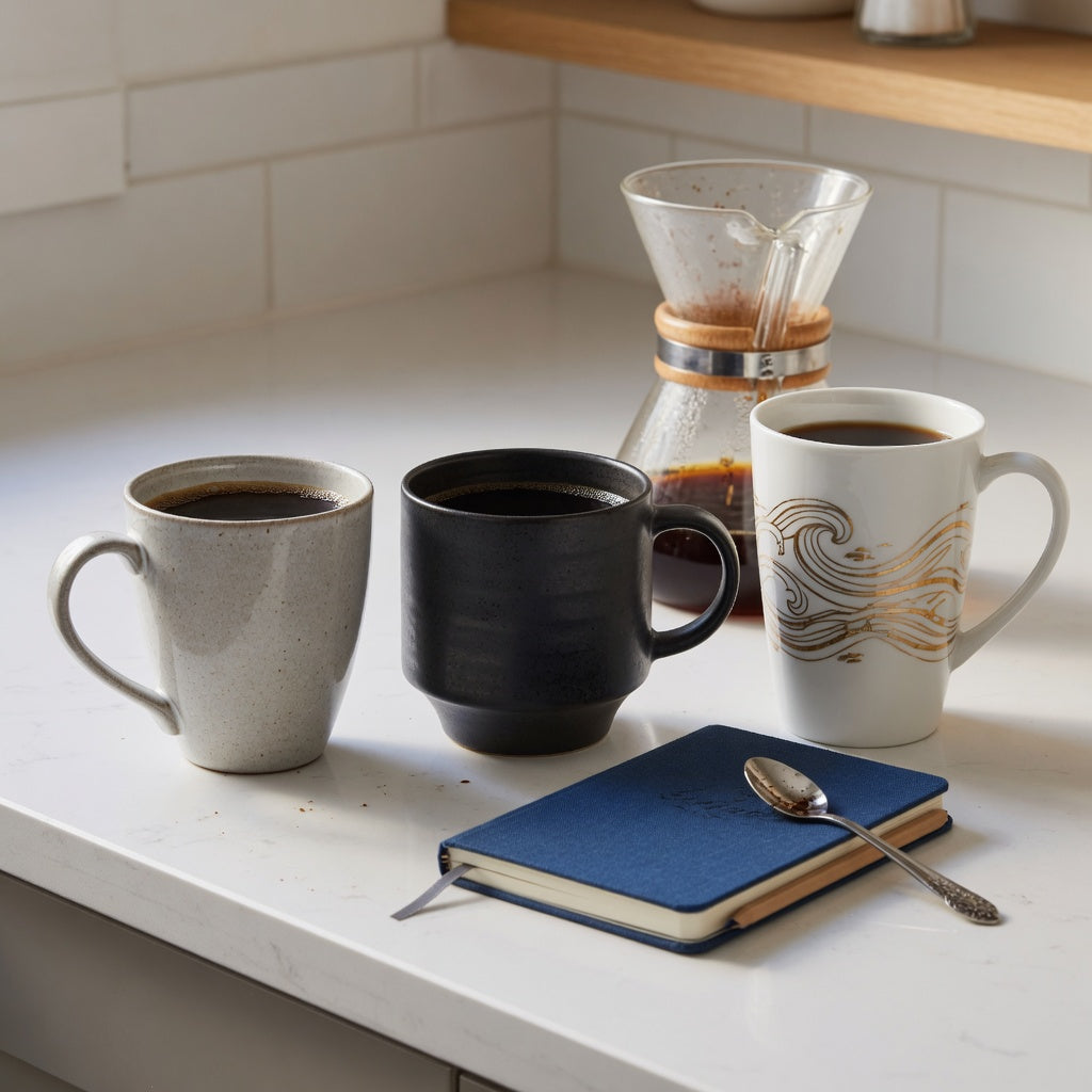 Oversized ceramic coffee mugs current product facts comparison showing curved, wide-bottom, and tall mug shapes