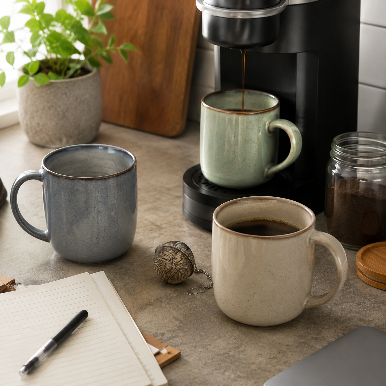 Oversized ceramic coffee mugs beside a kitchen brewer, tea infuser and notebook