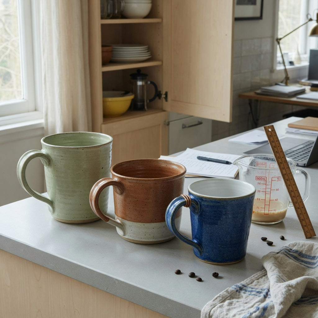 Oversized ceramic coffee mugs gift choice practical purchase checklist with three mug styles on a kitchen counter