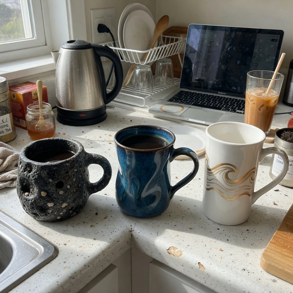 Oversized ceramic coffee mugs shared household product shortlist guide showing three individual styles on a shared kitchen counter