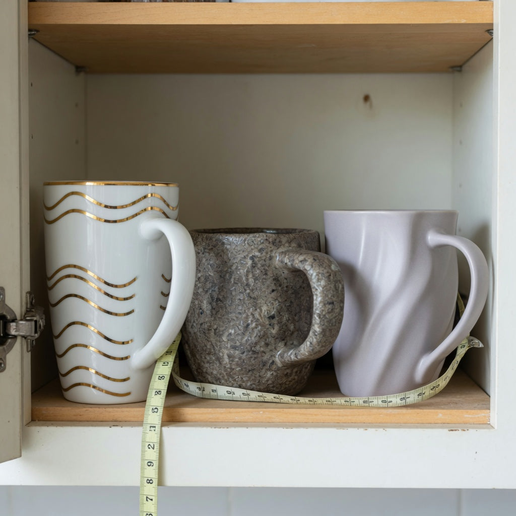 oversized ceramic coffee mugs storage fit guide showing Flow, Rock, and White Golden Waves shapes on a measured cabinet shelf
