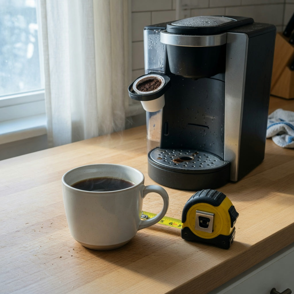 Oversized coffee mug gift on a kitchen counter beside a single-serve brewer and a tape measure