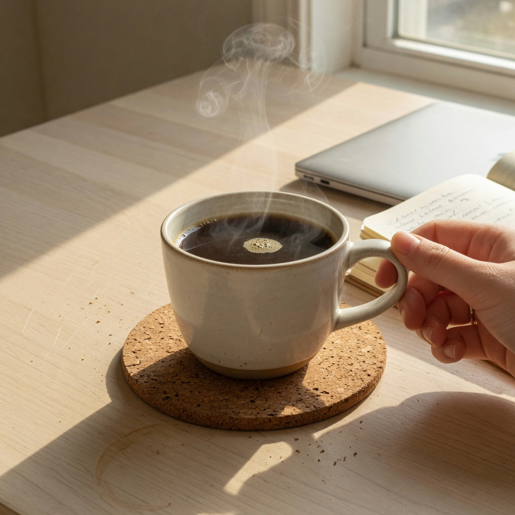 Pause coffee cup ceramic on a coaster beside a notebook and laptop in warm window light
