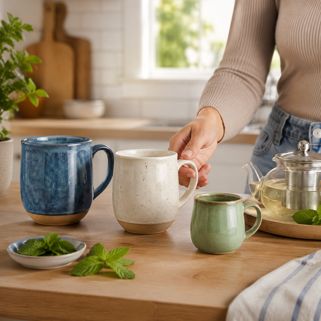 Three peppermint tea mug sizes on a kitchen counter for comparing daily tea capacity and handle comfort