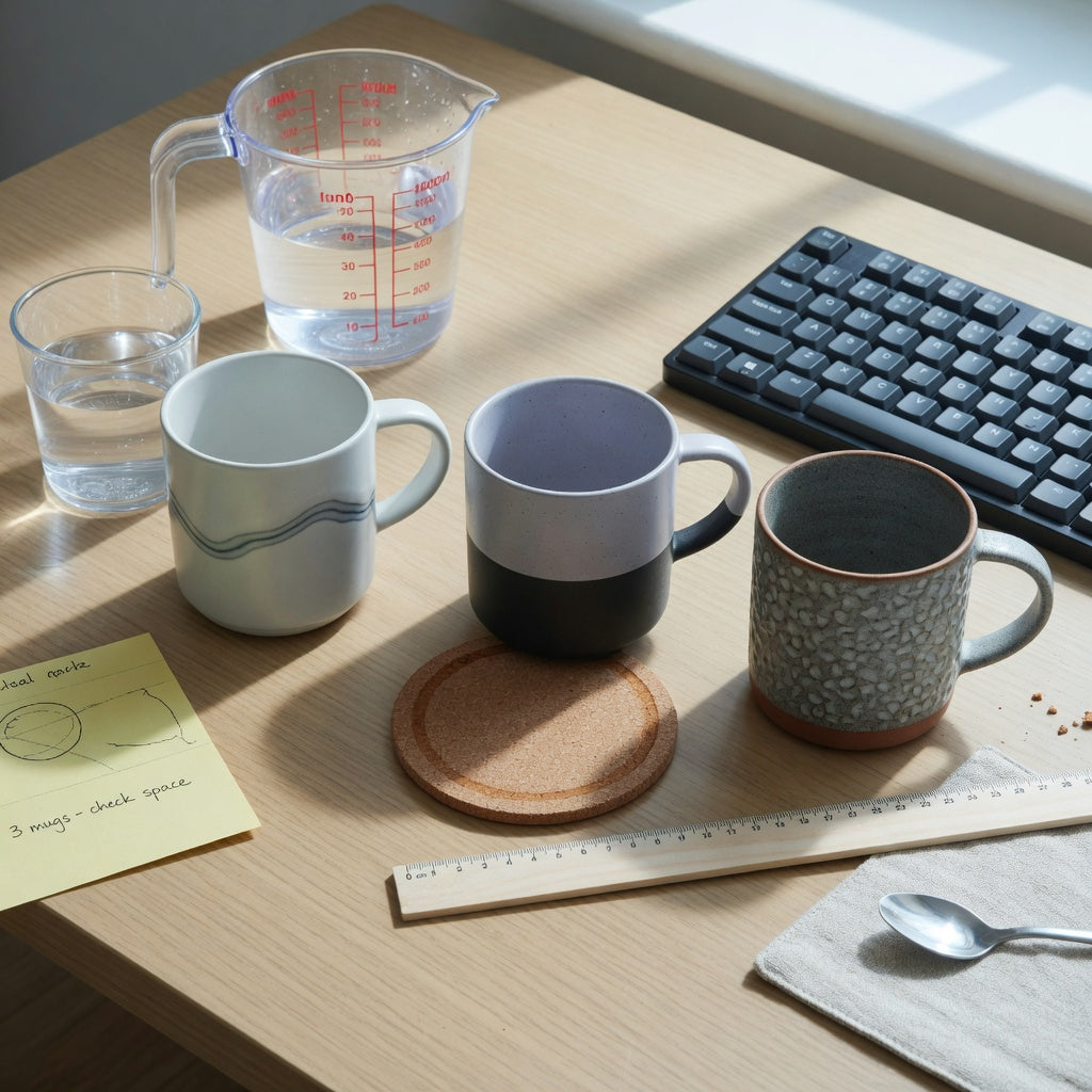 Peppermint tea mug buying priorities compared using three mug capacities, a measuring jug, and available desk space