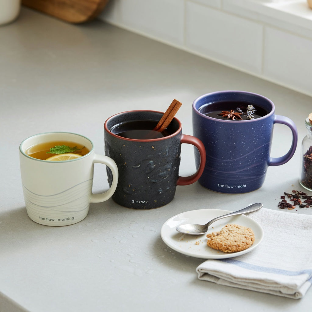 Side-by-side peppermint tea mug current product facts comparison of 400 ml, 440 ml, and 480 ml mugs